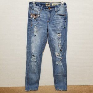 Denim Blvd jeans 3 distressed whiskered beaded gem embellished denim whiskered